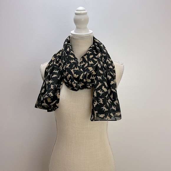 Oker All Over Cat Silhouette Print Shawl Scarf Black and Beige Lightweight Sheer - Picture 4 of 11